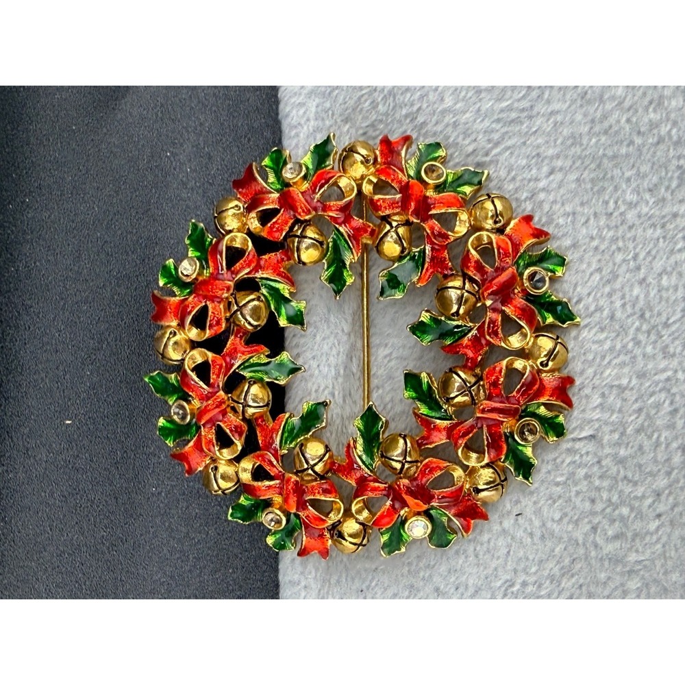 Vintage‎ Christopher Radko Christmas Wreath Brooch Bells Bows
